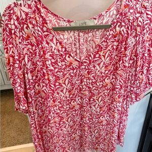 LOFT Pink Floral V-Neck Short Sleeve Top